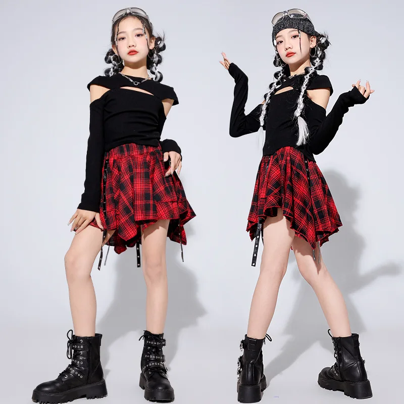 Girls Hip Hop Black Top Plaid Street Dance Skirt Kids Ribbon Pleated Skirts Teenagers Jazz Streetwear Clothes Sets Cool Costumes