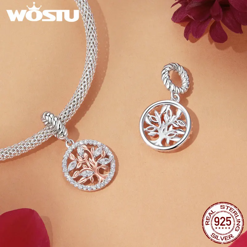 Wostu dia das mães 925 prata esterlina rosa flor charme árvore da vida pingente coração contas caber pulseira colar presente diy para a mãe