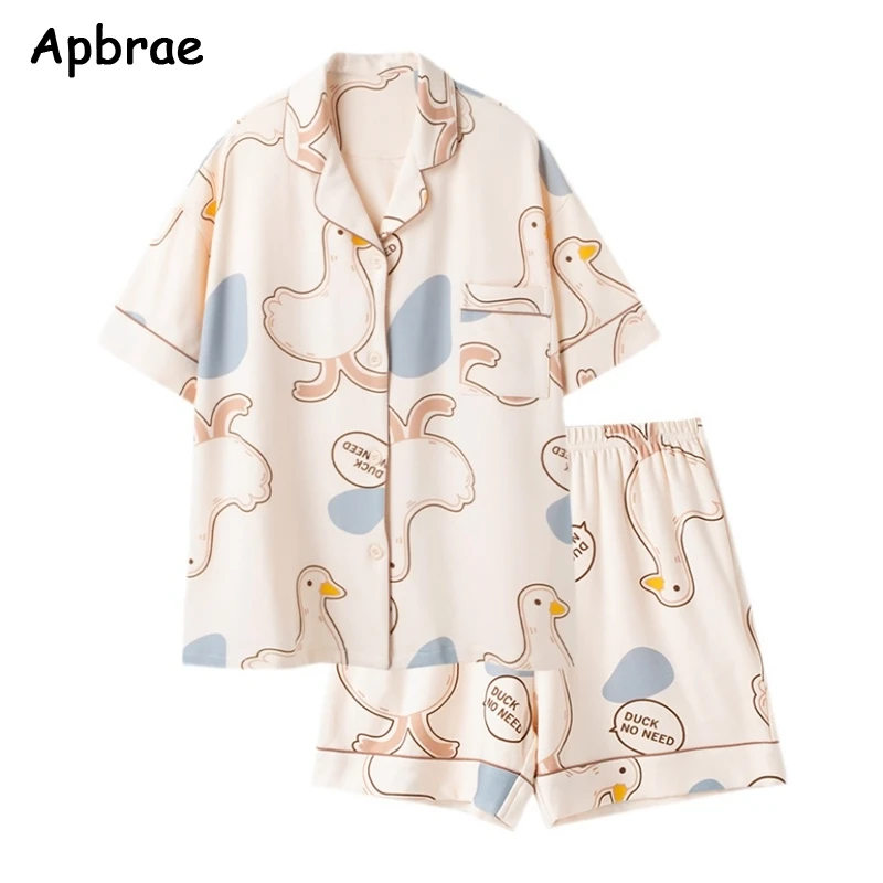 Summer Women Pajamas Soft Cotton Causal Pijamas Cute Duck Print Sleepwear Women Lapel Pyjamas Cardigan Pijamas Casual Pjs