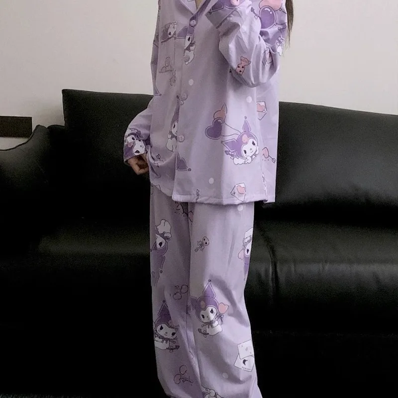 Purple Kuromi Cotton Pajamas for Girls Spring and Autumn Long-sleeved Trousers Cartoon Cute Ins Style Warm Cozy Home Clothes Set
