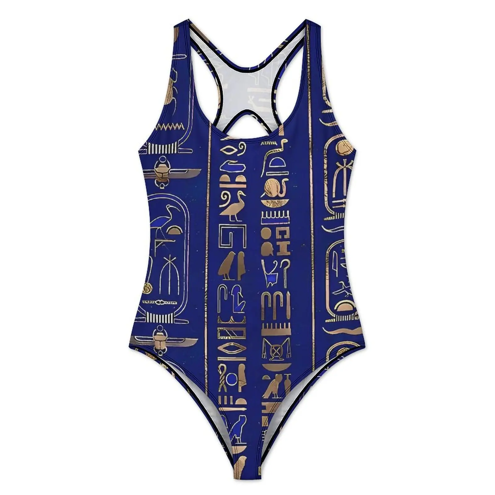 Ancient Egyptian Art  Hieroglyphs Gold Swimsuit Swimwear One Piece Pool Bodysuit Hollow Out Bathing Suit Push Up Sexy Beachwear
