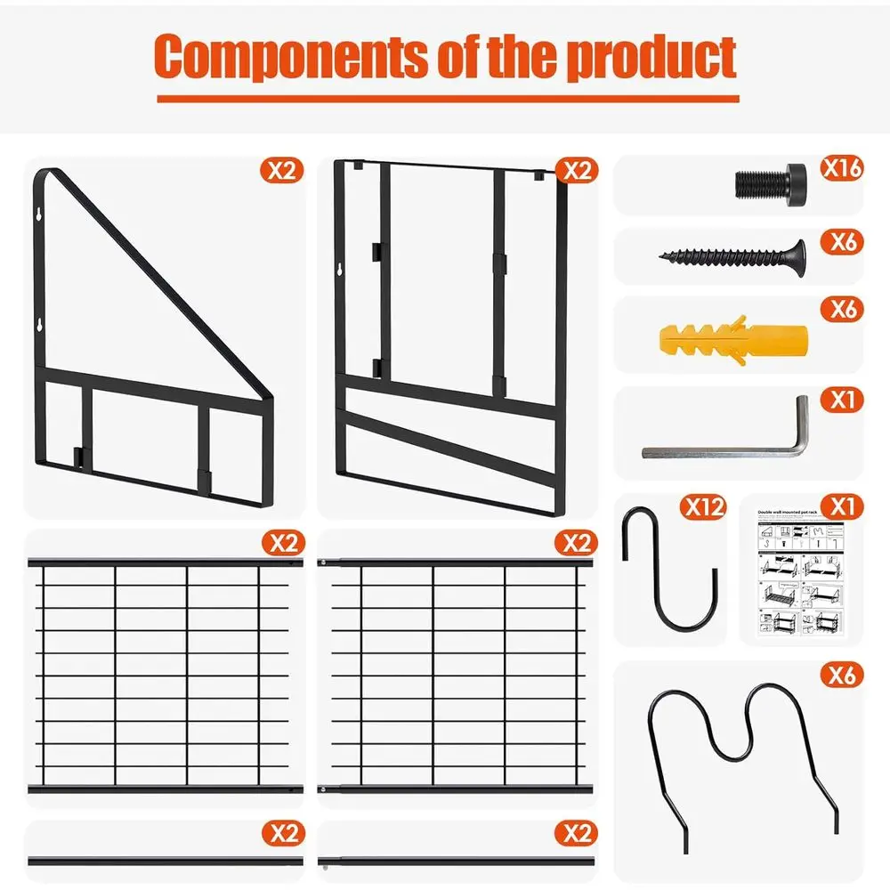 Black 28 Wall-Mounted Pot Rack with 2-Tier Pan Hanger and 12 Hooks, 6 Lid Holders for Kitchen Cookware and Utensils
