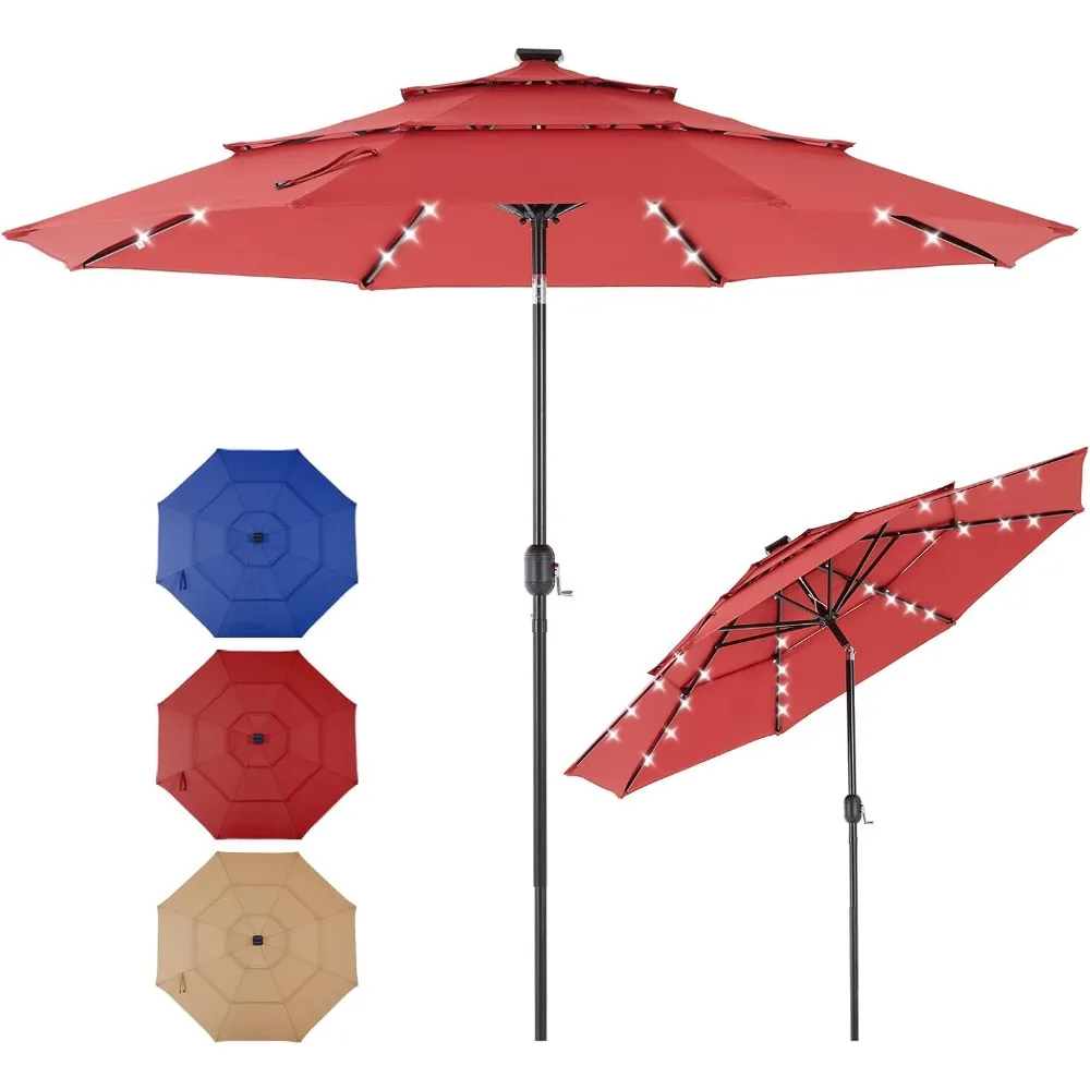 

10FT 3-Tier Solar Patio Umbrella with 32 LED Lights, Outdoor Umbrellas with Push Button Tilt and Crank, Tilting Table Umbrella w