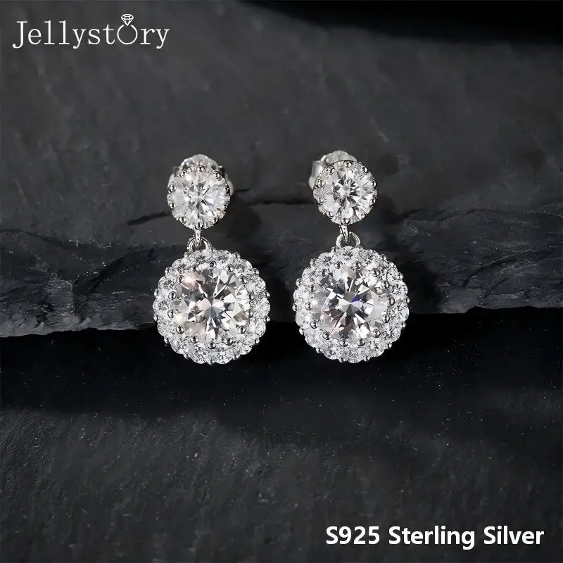 JellyStory New Luxury Round Bag Moissanite Earrings Full Diamond Drop Studs High-End Fashion Temperament Jewelry for Women