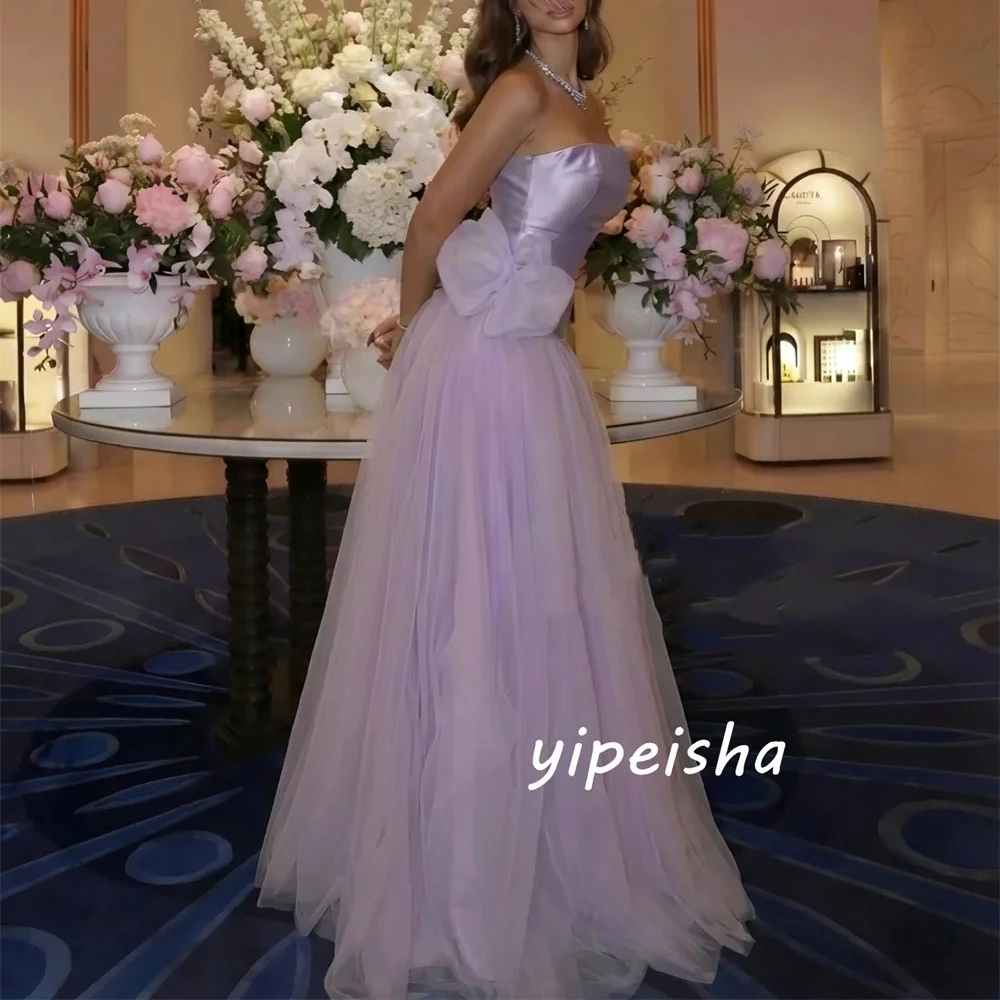 

Customized Purple Modest Sizes Available Pleat Handmade Flower Ruched A-line Strapless Floor-Length Evening Dresses