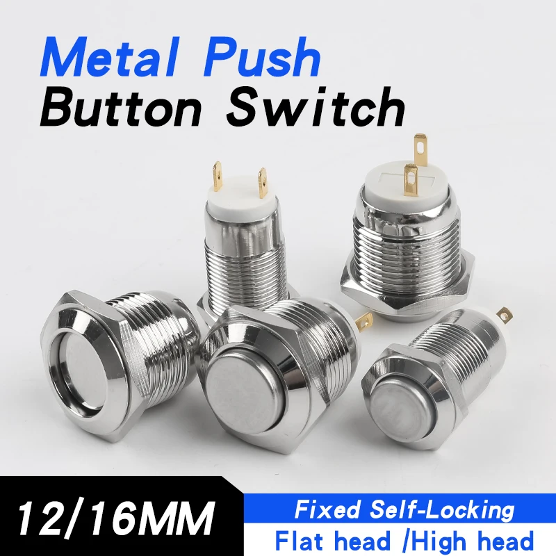 

12/16mm Metal Pushbutton Switch, Self-Locking, Ultra-Short, 2-Pin, High Head, Flat-Head, Solder-Terminal, 1NO (Normally Open)