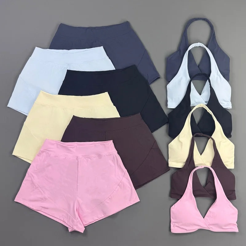 2 Pieces Origin Set Women Halter Neck Sports Bra High‑Waist Gym Shorts Removable Padded Clothes Buttery Soft Slimming Yoga Suit