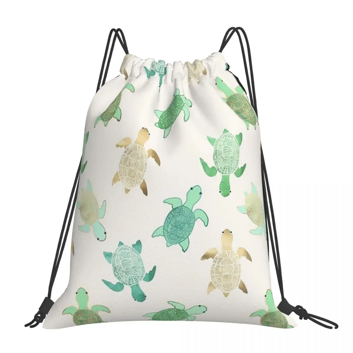 Gilded Jade & Mint Turtles Backpacks Portable Drawstring Bags Drawstring Bundle Pocket Sports Bag BookBag For Travel Students