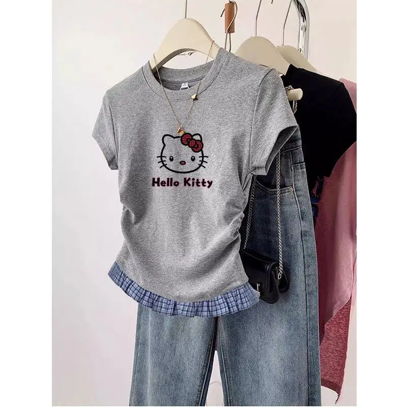 Short-Sleeved T-Shirt Hello Kitty Printed Patchwork Plaid Front Shoulder Women's Sanrio Summer Retro Slim Sweet Spicy Short Tops - view 5