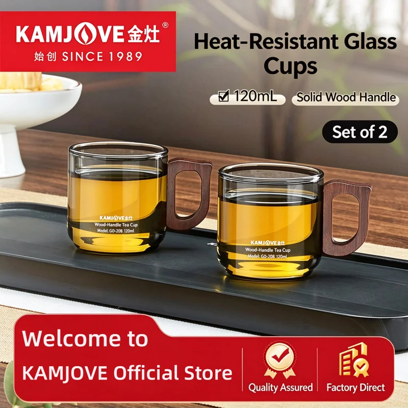 KAMJOVE 2Pcs 120ml High Borosilicate Glass Tea Cups,Wooden Handle Heat Resistant Mugs,Kung Fu Tea Drinking Cups,Anti-scald Glass