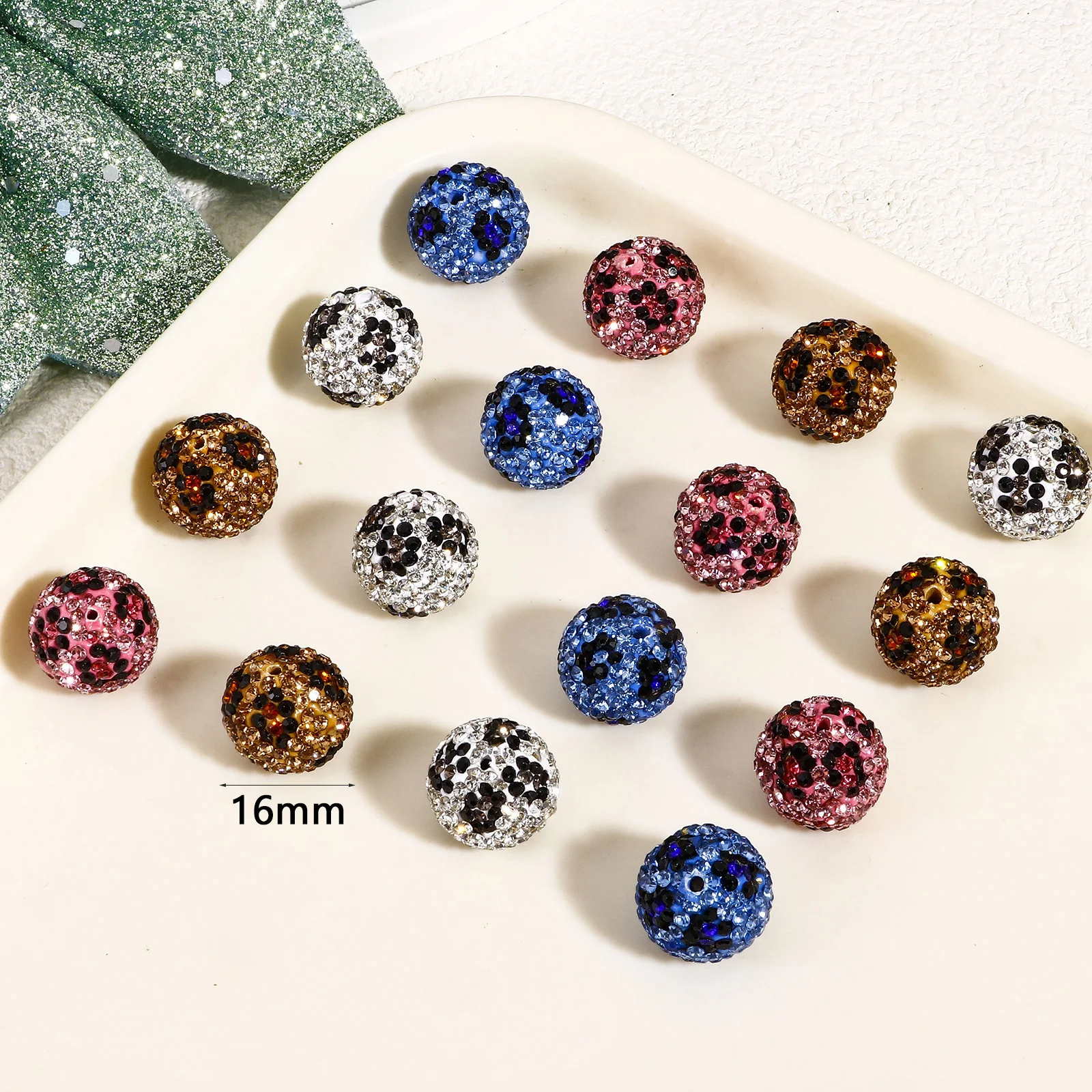 2pcs 16mm Polymer Clay Beads Round Multicolor Leopard Print Pattern Glitter Rhinestone Spacer Beads For DIY Necklace Jewelry