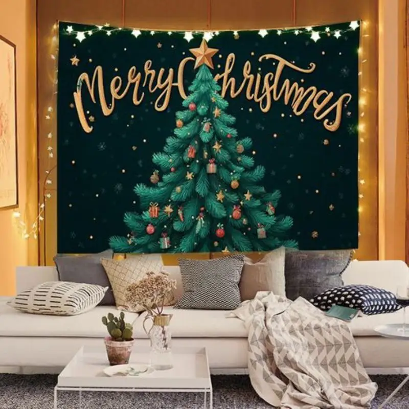 VIKAMA Dark Green Christmas Tree Wall Tapestry Gold Merry Text Star Ornament Snowflake Sparkle Holiday Festive Elegant Decor