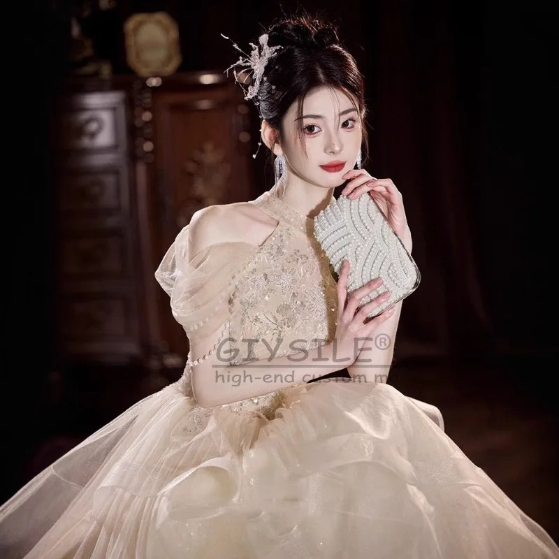 GIYSILE Abito da sera dignitoso alla moda con collo champagne personalizzato 2025 Nuovi abiti da festa soffici da principessa con nappa a flusso di perle