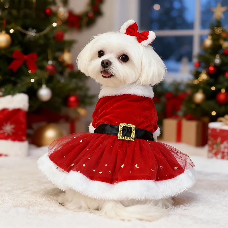 Samt-Weihnachtsmannkleid für Hunde mit Pailletten-Netzrock Flauschiger Weißer Besatz Elegantes Weihnachtsoutfit für Kleine Hunde Perfekt für Fotos – Detail 6