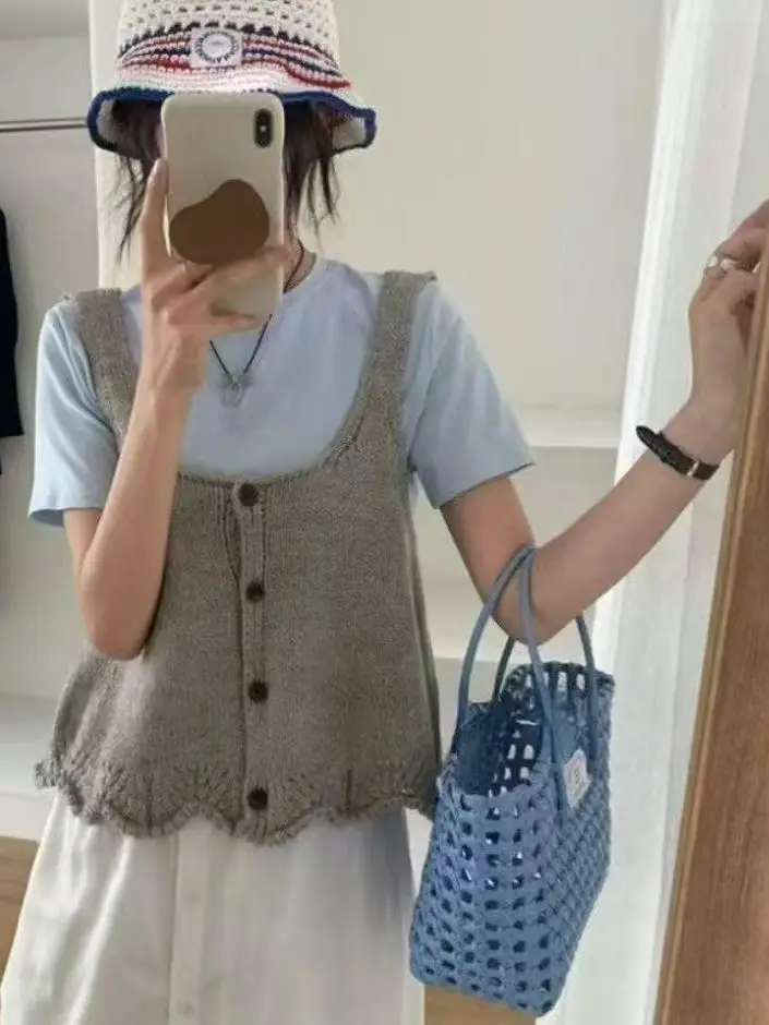 

Ранняя осень, универсальный студенческий вязаный жилет на пуговицах с верхом и ремешком, женский Faion Commute Sle V-ne Color