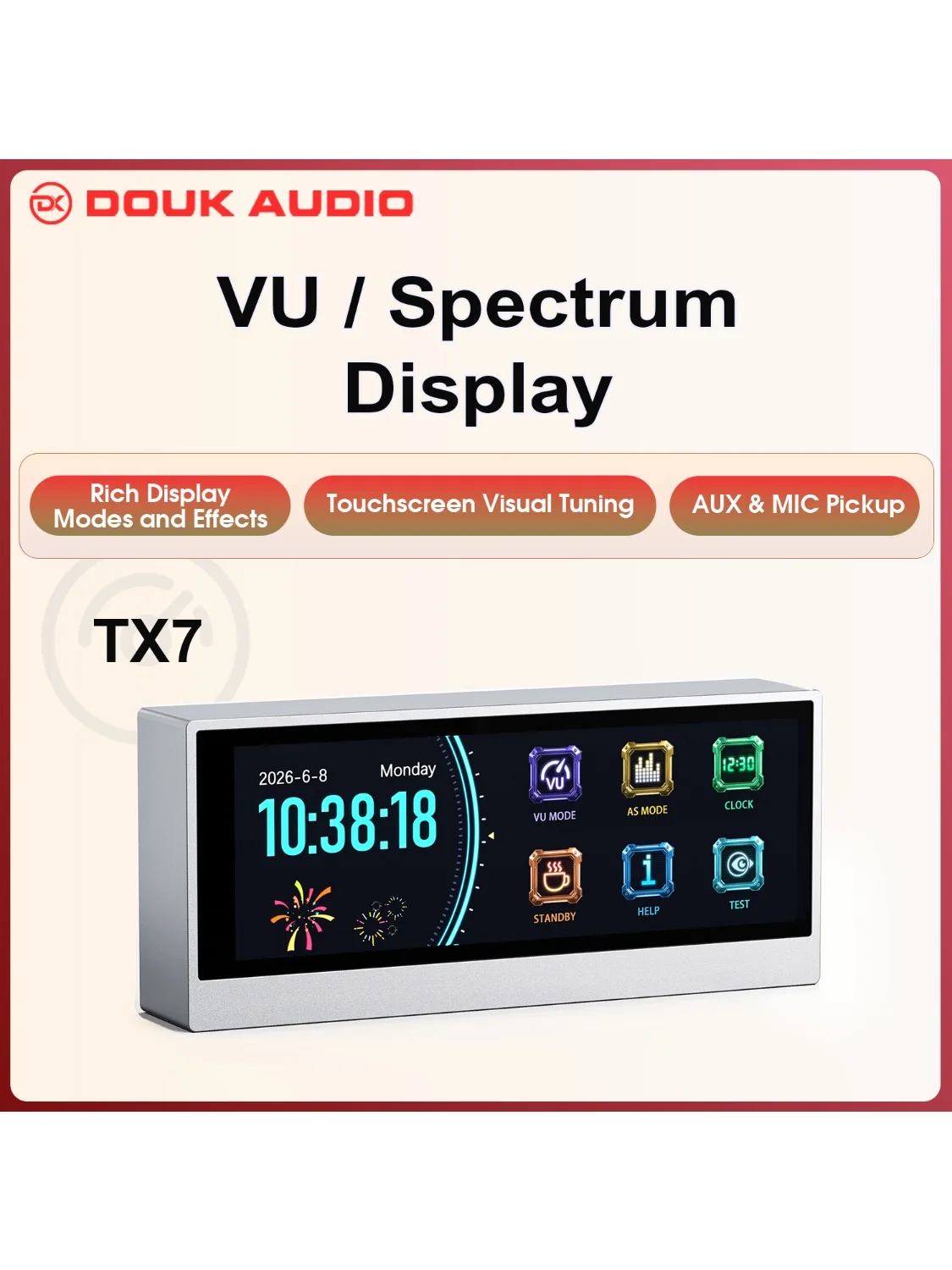 Douk Audio Lab TX7 VU-Meter Audio-Spektrum-Visualisierer Digitale Tischuhr AUX MIC-Empfänger Desktop-Deko für Audiophile Heimstudio
