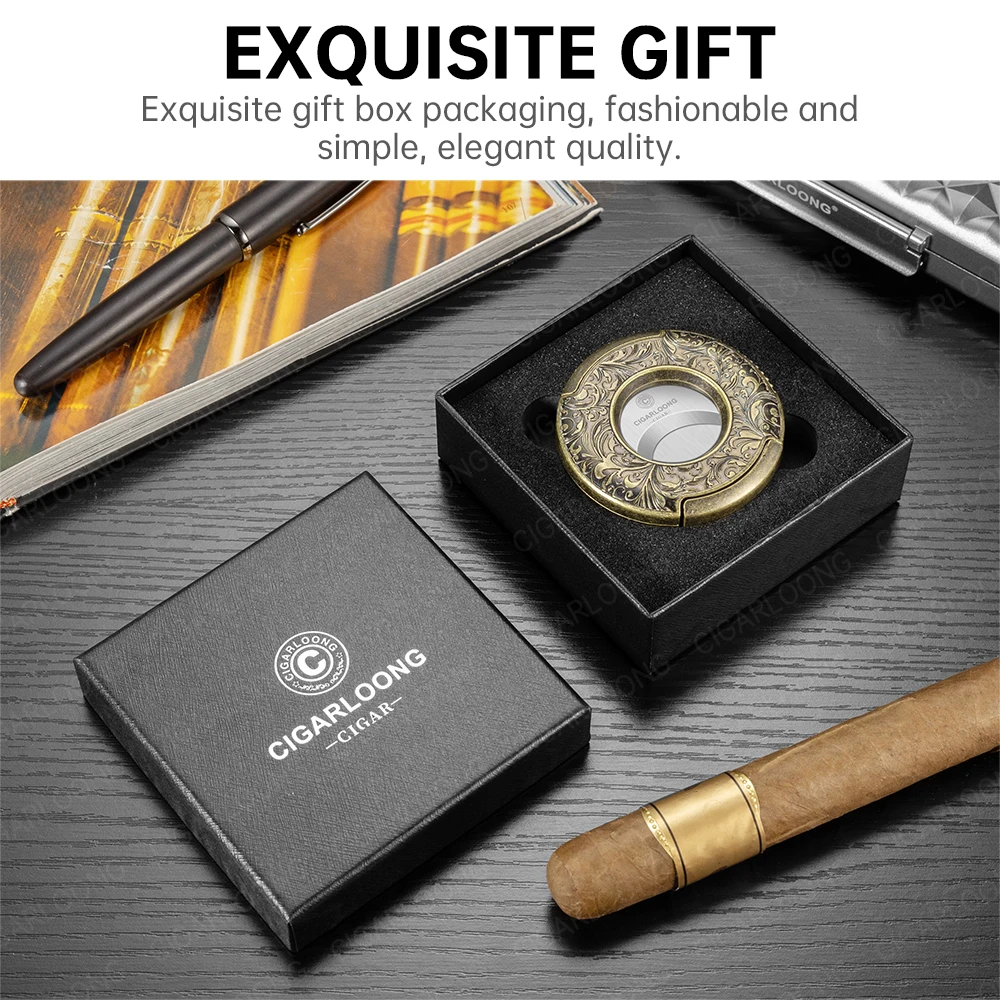 Vintage Stainless Steel Cigar Cutter,Bronze Engraved Guillotine Straight Cut,Round Double Blade Smooth Blade,Portable Gift Box