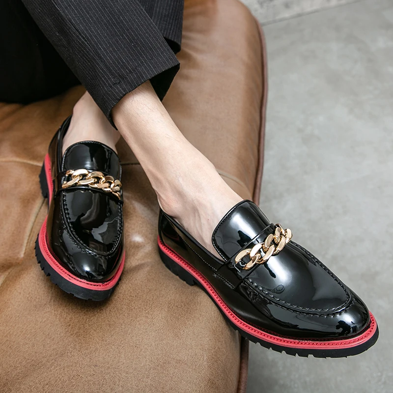 Fashion Lefu Shoes Men Shoes Round Toe Lacquer Leather Fashion Metal Buckle Casual Business Dress Shoes Black Red Size 38-48