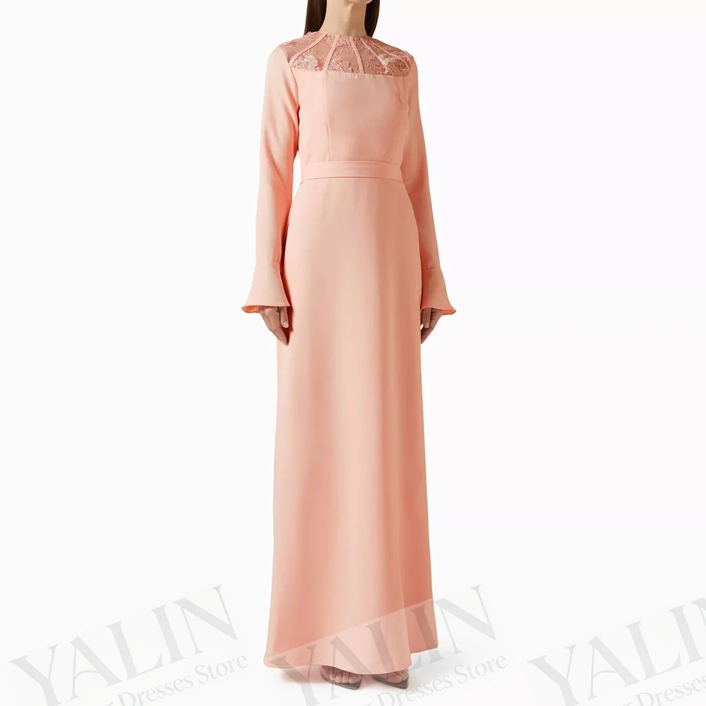 

Women's A-line Evening Dresses Ankle-length O-neck Full Sleeve Prom Gown Fashion Lace Simple Draped Casual Customized Gowns