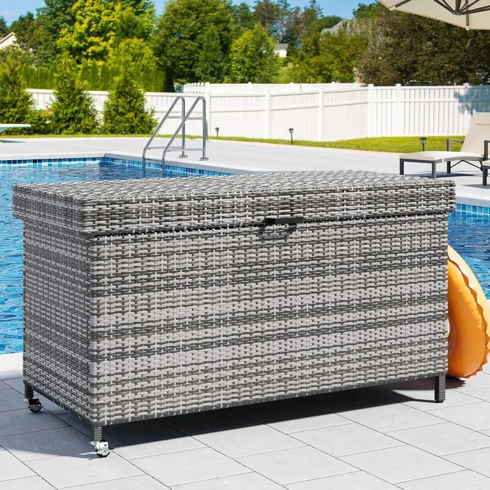 

large 200 gallon wicker deck storage box with netting for outdoor patio and garden cushion organization
