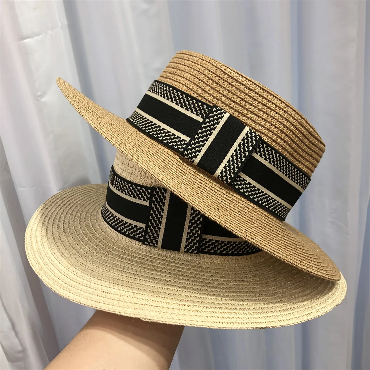 Luxurious Design Summer Women\'s Straw Flat Top Hat Fashion Imitation UV Beach Vacation Visor Bucket Hat