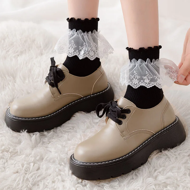 

Lolita Style Sweet White Lace Edge Socks For Women Cute Girly JK Socks Ruffle Japanese Middle Tube Socks Solid Color Cotton Sock