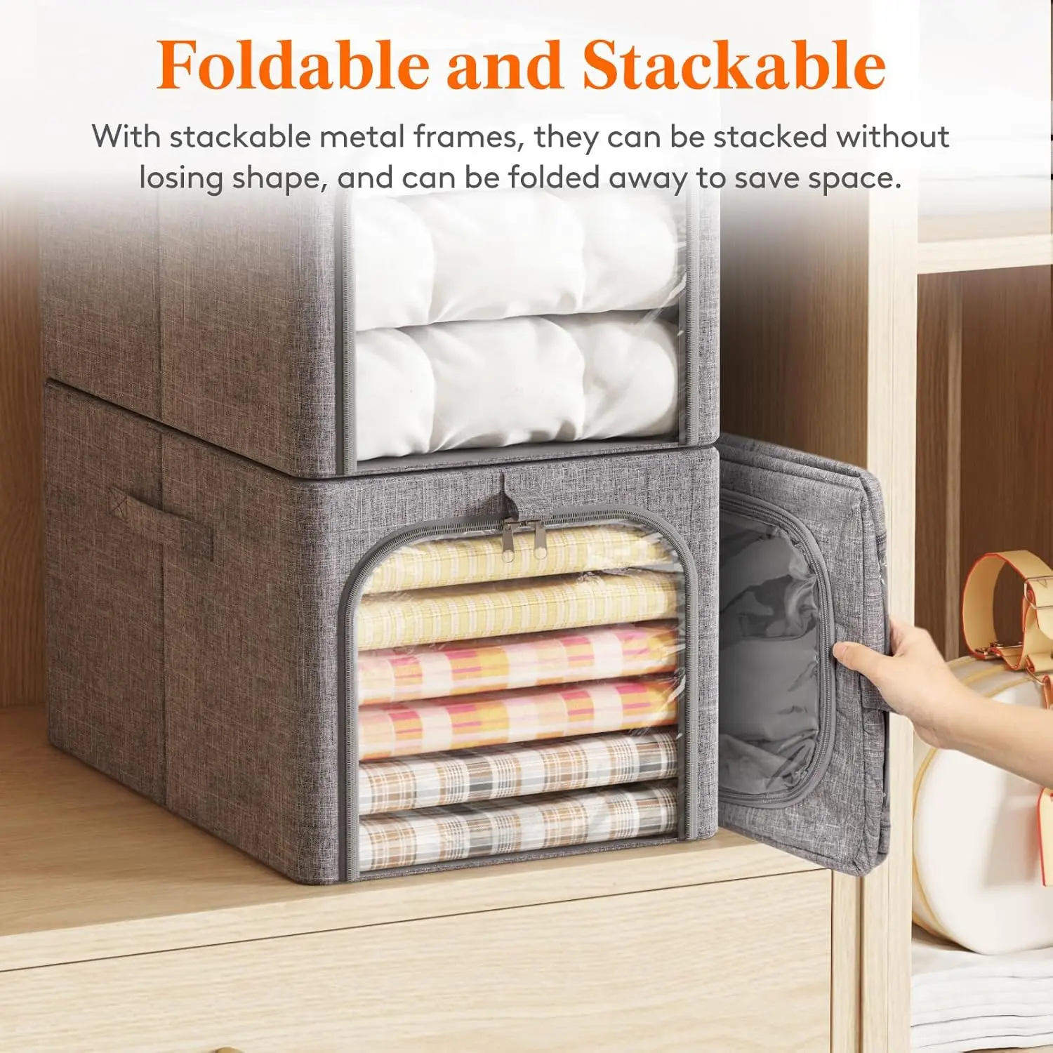 6-Pack Foldable Storage Bins with Metal Frame, Stackable Fabric Containers for Clothes and Blankets, 40L Capacity