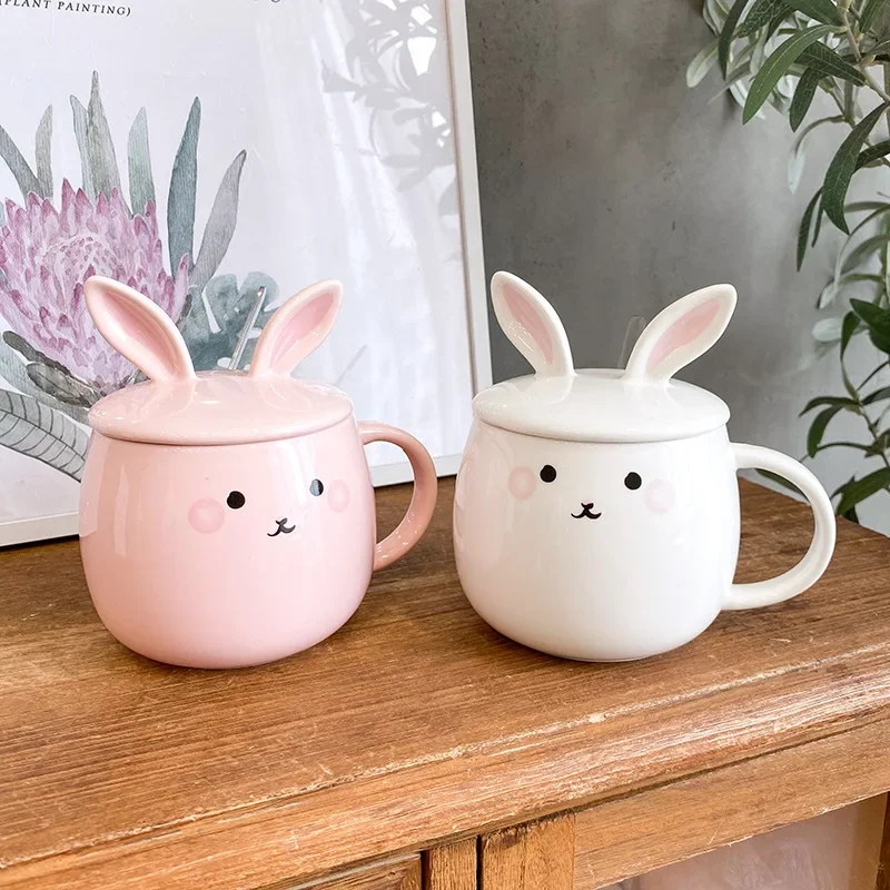 Cartoon Rabbit with Lid Spoon Ceramic Cup Coffee Breakfast  Mug Cute Student Couple    Household Kitchen Supplies