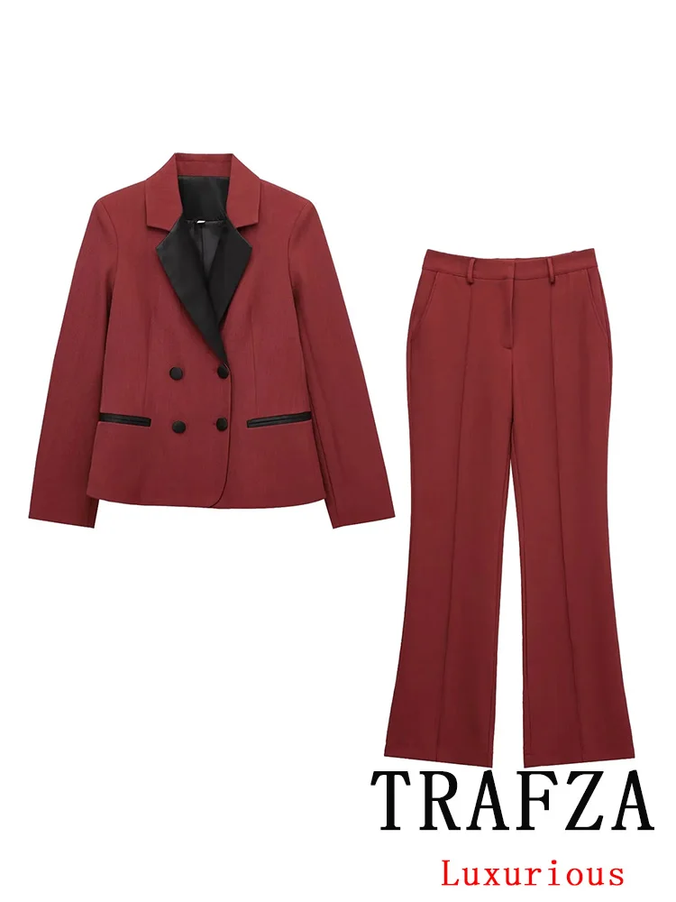 

TRAFZA Vintage Office Lady Red Solid Suit Double Breasted Pockets Blazer Straight Loose Pants Fashion 2025 Autumn Winter Sets