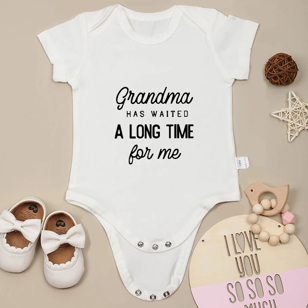 Baby Clothes Fun Print Grandma Has Waited A Long Time Infant Creeper One Piece White Soft Cotton Short Sleeve Boys Bodysuit