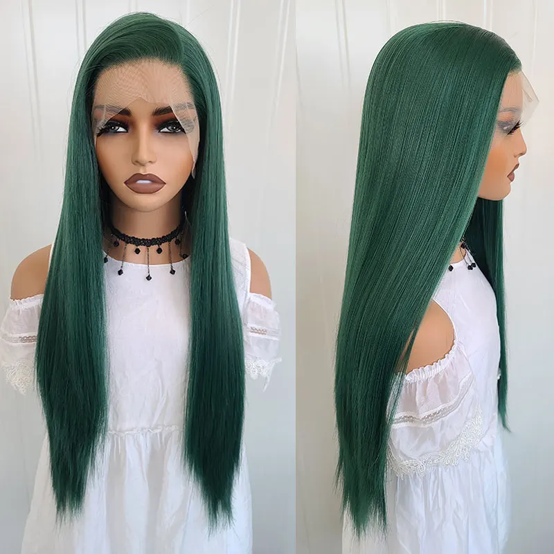 Dark Green Color Straight Synthetic 13x4 Lace Front Wigs Glueless Heat Resistant Fiber Hair Natural Hairline For Black Women Wig