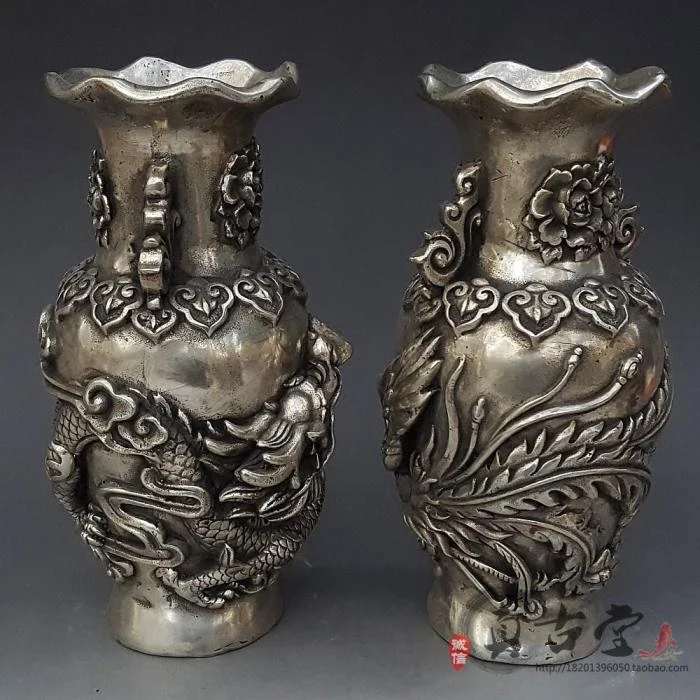 Antique Pure Copper Brass Silver-plated Dragon And Phoenix Vase Ornaments A Pair Of Peony Flowers, Dragons And Phoenixes, Auspic