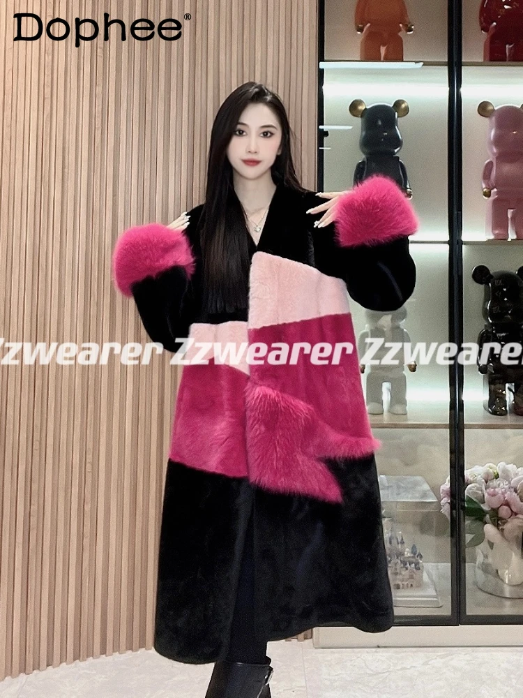 Stitching Long Sleeve Contrast Color Environmental Protection Furry Coat Women Fall Winter Thickening V-neck Long Faux Fur Coat