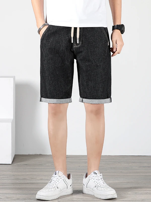 

High-End Belted Men's Denim Shorts Trendy Spring Summer Thin Straight Leg Five-Quarter Casual Cotton Stretch Jeans