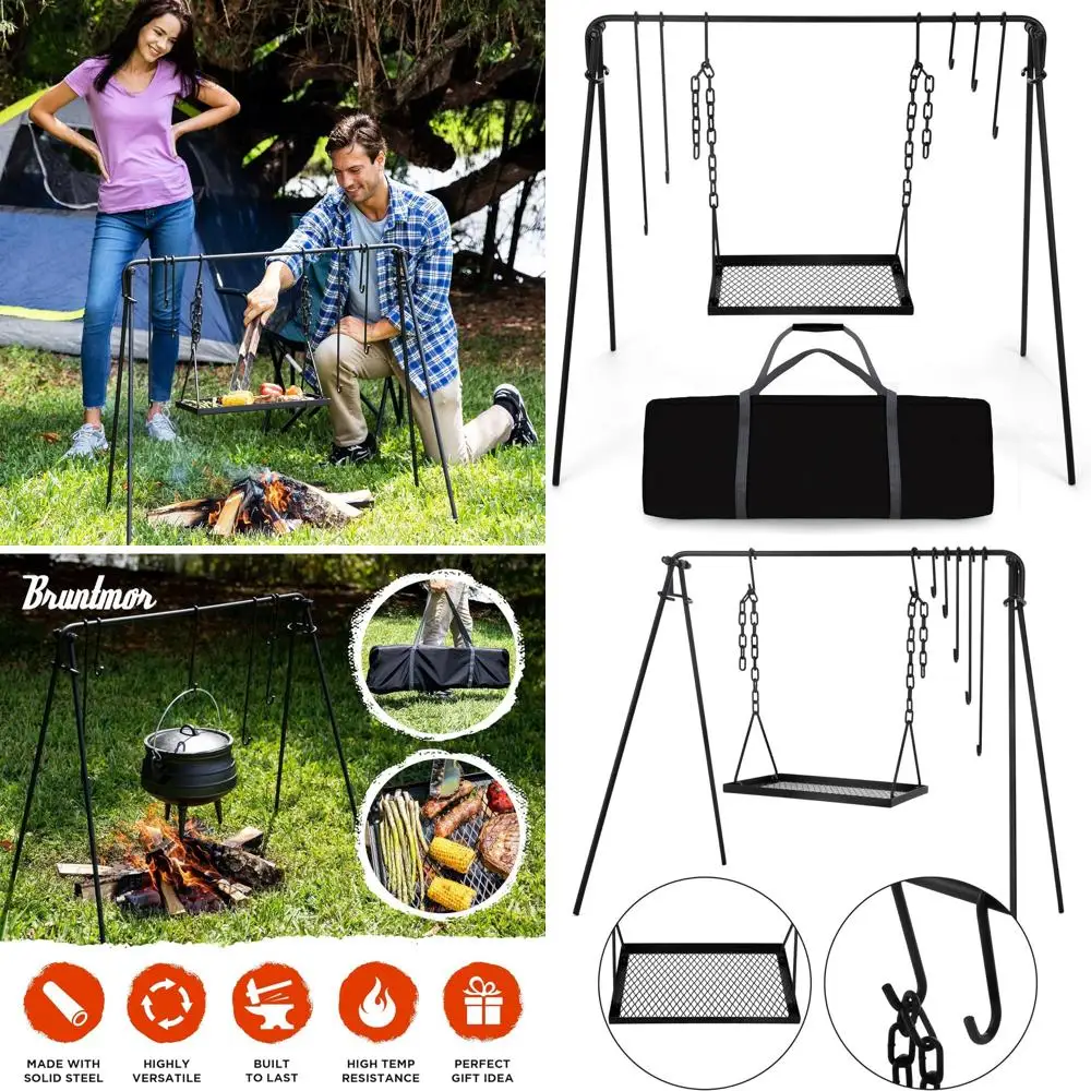 

Grill Swing Campfire Cooking Stand BBQ Grill for Cookware & Dutch Oven Adjustable Collapsible Legs with Hooks & Accessories & Ca