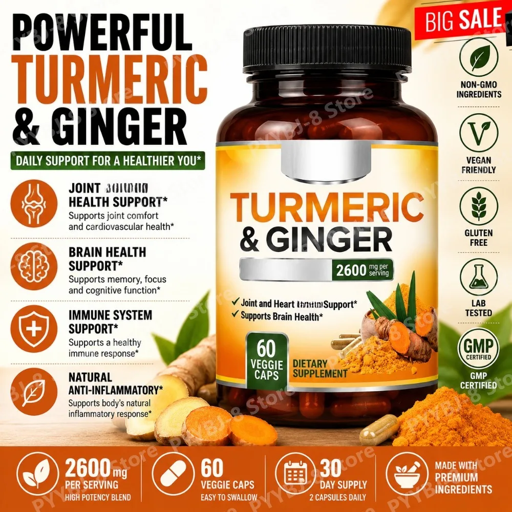 Turmeric Capsule 60 Count Nutritional Supplement with Curcuminoids Ginger Black Pepper Extract Vegan Support Joint Brain Health