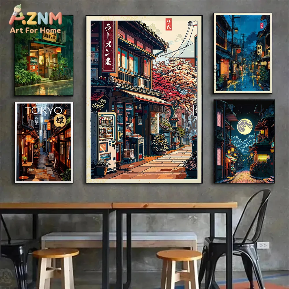 Arte de pared en lienzo con vista de calle retro japonesa, impresión de calle nocturna de tienda de ramen de Tokio, póster decorativo para el hogar estilo Ukiyo-e