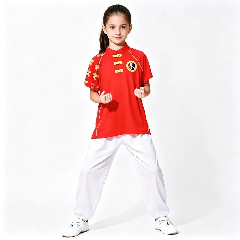 2026 Summer Kids Martial Arts Uniform Milk Silk Short Sleeve Kung Fu Training Suit Children Wushu Competition Performance Outfit