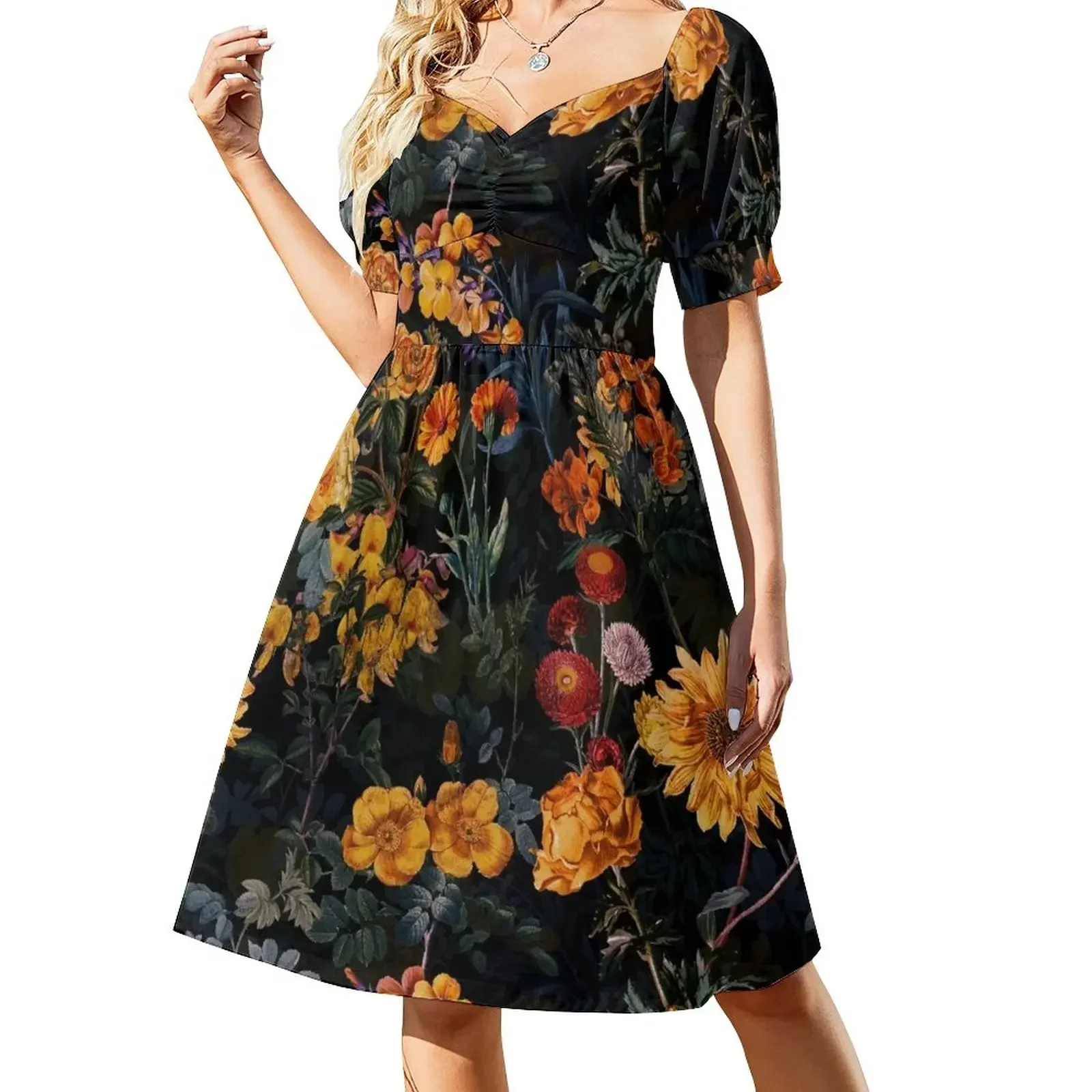 

Vintage Botanical Golden Night Garden Short-Sleeved Dress summer women's suit women dress Dress