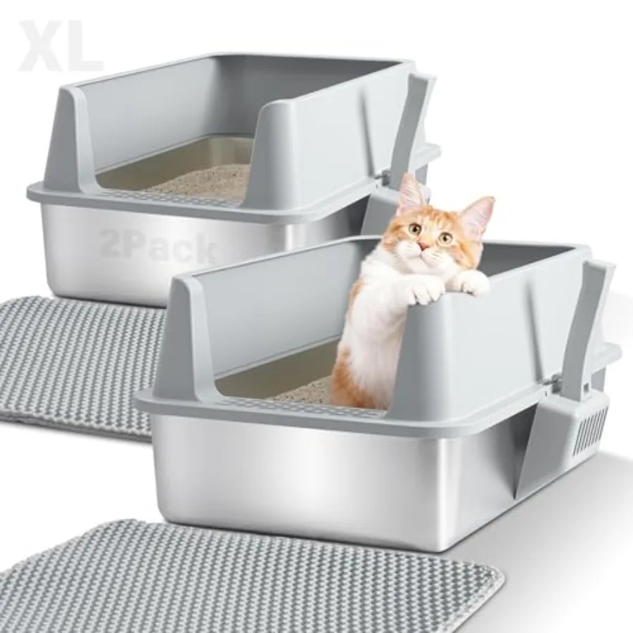 

2 Pack Stainless Steel Litter BoxXL Metal Cat Litter Box with Lid High Sides Extra Large Litter Box for Big Cats Odor-Resistant