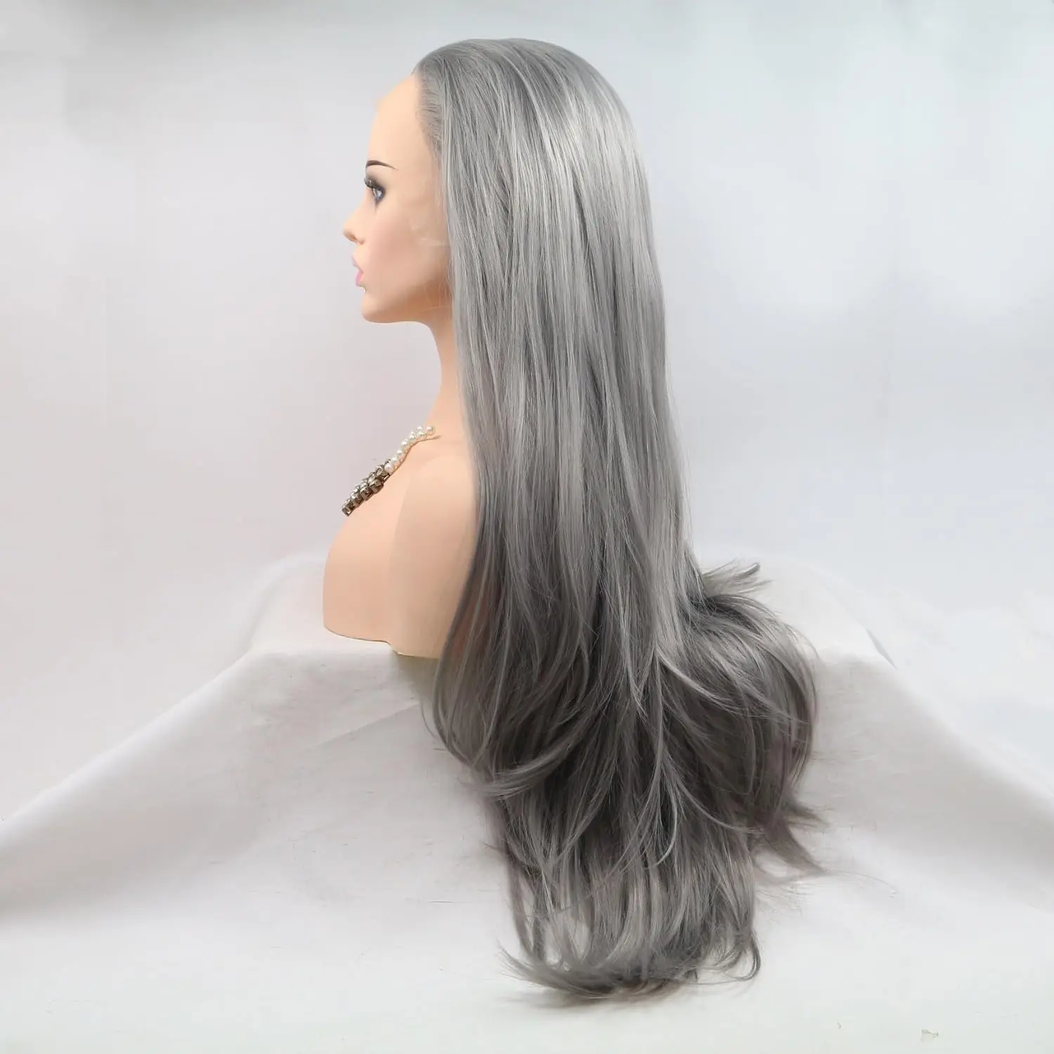 شعر مستعار طويل طبيعي للنساء ، شعر رمادي غير لاصق ، ألياف مقاومة للحرارة ، فراق مجاني #3