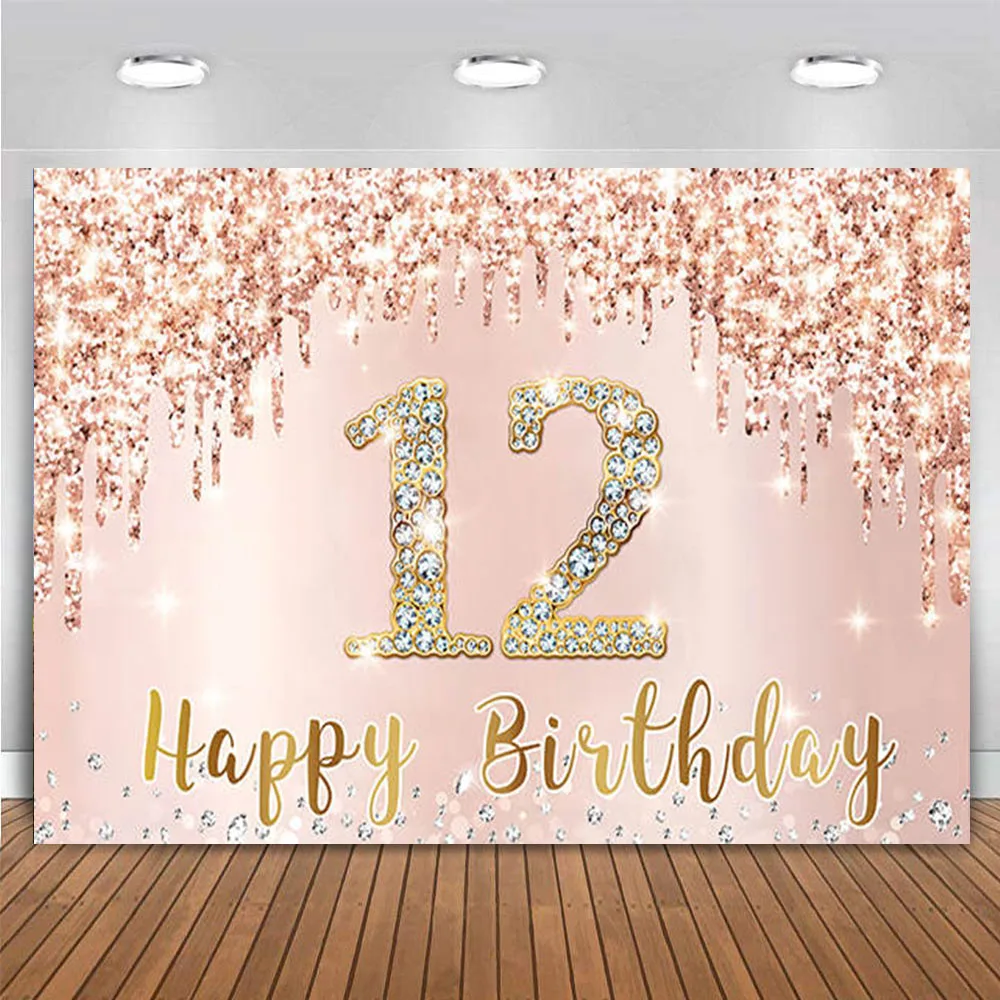 Happy 12th Birthday Party Decor Backdrop Pink Rose Gold for Girls Bat Mitzvah Twelve 12 Years old Banner Background Personalise