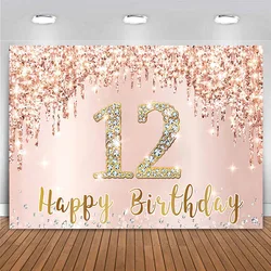 Happy 12th Birthday Party Decor Backdrop Pink Rose Gold for Girls Bat Mitzvah Twelve 12 Years old Banner Background Personalise