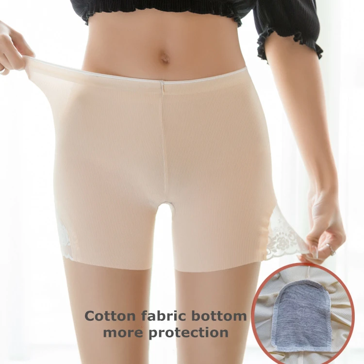 Pantalones cortos de encaje de seda y poliéster sin costuras para mujer, mallas elásticas de seguridad con protección inferior, pantalones