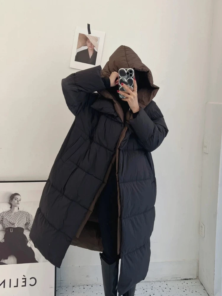 2025 New Long Down Jacket Winter Fake 2-piece Contrast Hooded Parkas Women Loose Casual Thicken Big Quilt White Duck Puffer Coat