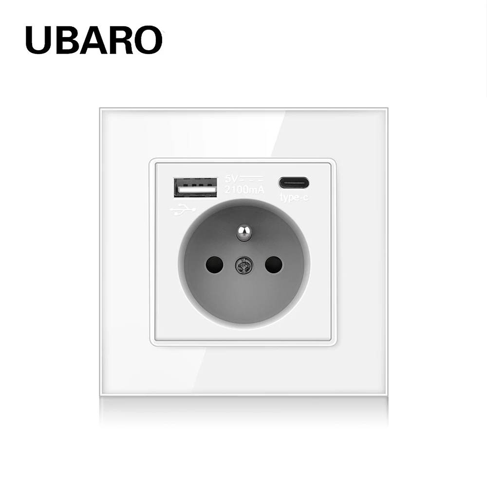 

UBARO France Standard Home Outlet With USB Type C Electrical Plug White Tempered Glass Panel Single Wall Socket 110-250V 16A