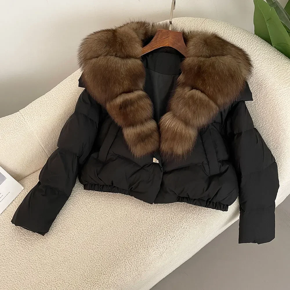 2024 New Winter Real Fox Fur Jacket Women Big Real Fox Fur Collar Natural Thick Warm Duck Down Coat Short Outerwear Streetwear