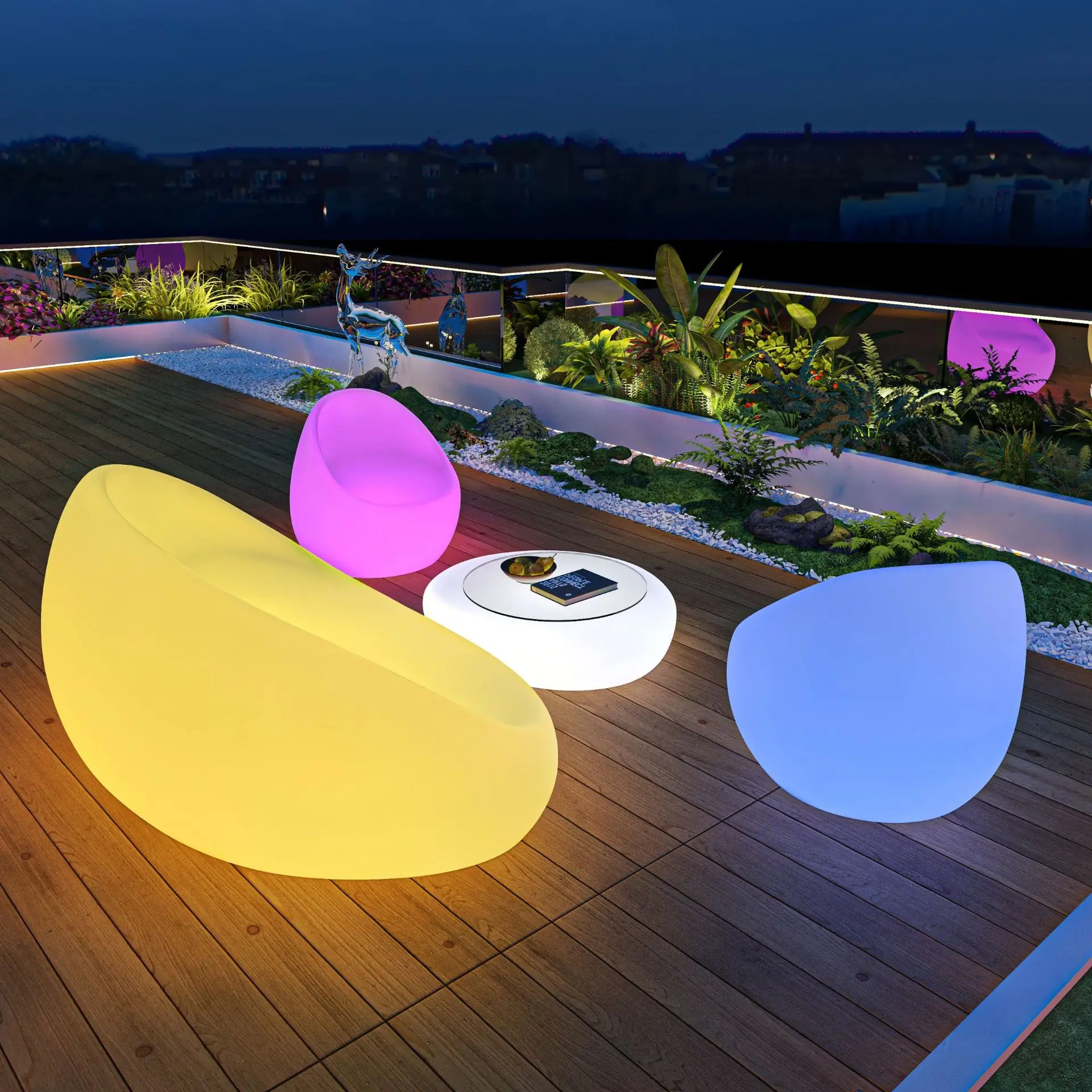 أريكة خارجية LED الأكثر مبيعًا، شرفة بار شفافة بسيطة، أريكة لثلاثة أشخاص، مجموعة طاولة وكرسي إبداعية ملونة
