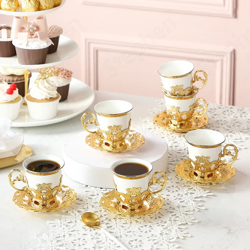 Classical Turkish Coffee Cups European Golden Border Plating Ceramic Cup and Saucer Set Afternoon Tea Tea Set Home Decoration