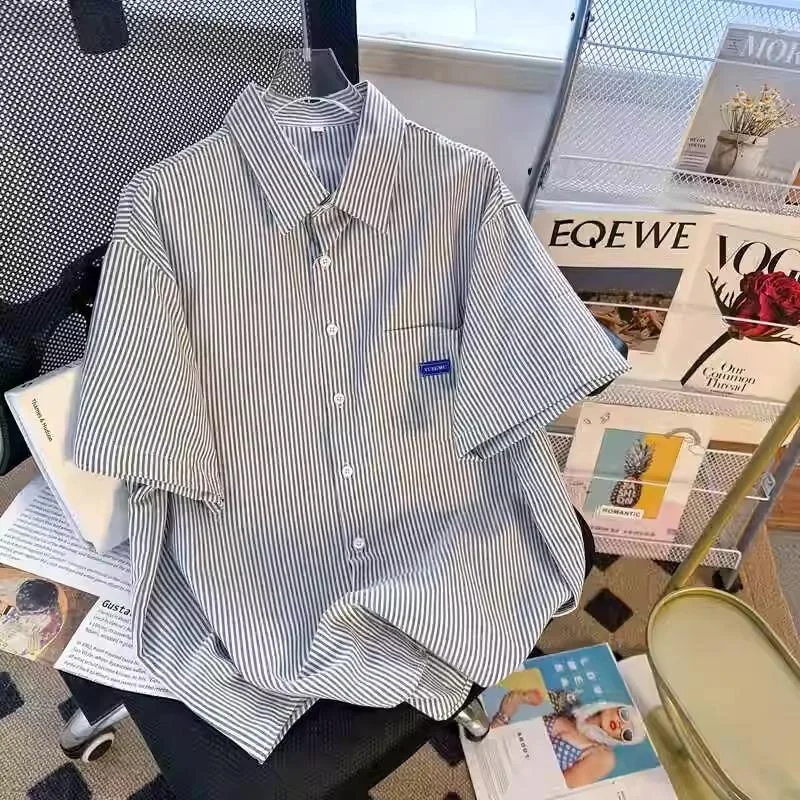 

Blue Striped Men's Shirt Spring Summer Thin Short Sleeve Loose Fit Couple's Style Casual Brand Outerwear for Youth